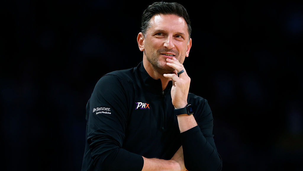 Head coach Nate Tibbetts of the Phoenix Mercury reacts on the sidelines during the first half again...
