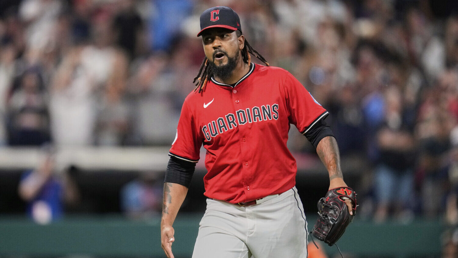 Cleveland Guardians pitcher Emmanuel Clase reacts after the Guardians defeated the Baltimore Oriole...