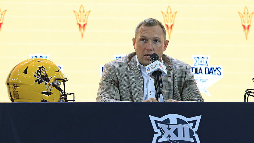 ASU head coach Kenny Dillingham of the Arizona State Sun Devils speaks with the media during the Bi...