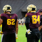 Arizona State OL Ben Coleman (62) and Wade Helton (64) at a fall camp practice on Aug. 13, 2025. (Damon Allred/Arizona Sports)
