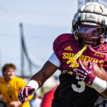Arizona State running back Raleek Brown takes a carry during spring camp on April 1, 2025. (Damon Allred/Arizona Sports)