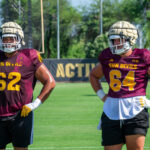 Arizona State OL Ben Coleman (62) and Wade Helton (64) at a fall camp practice on Aug. 15, 2025. (Damon Allred/Arizona Sports)