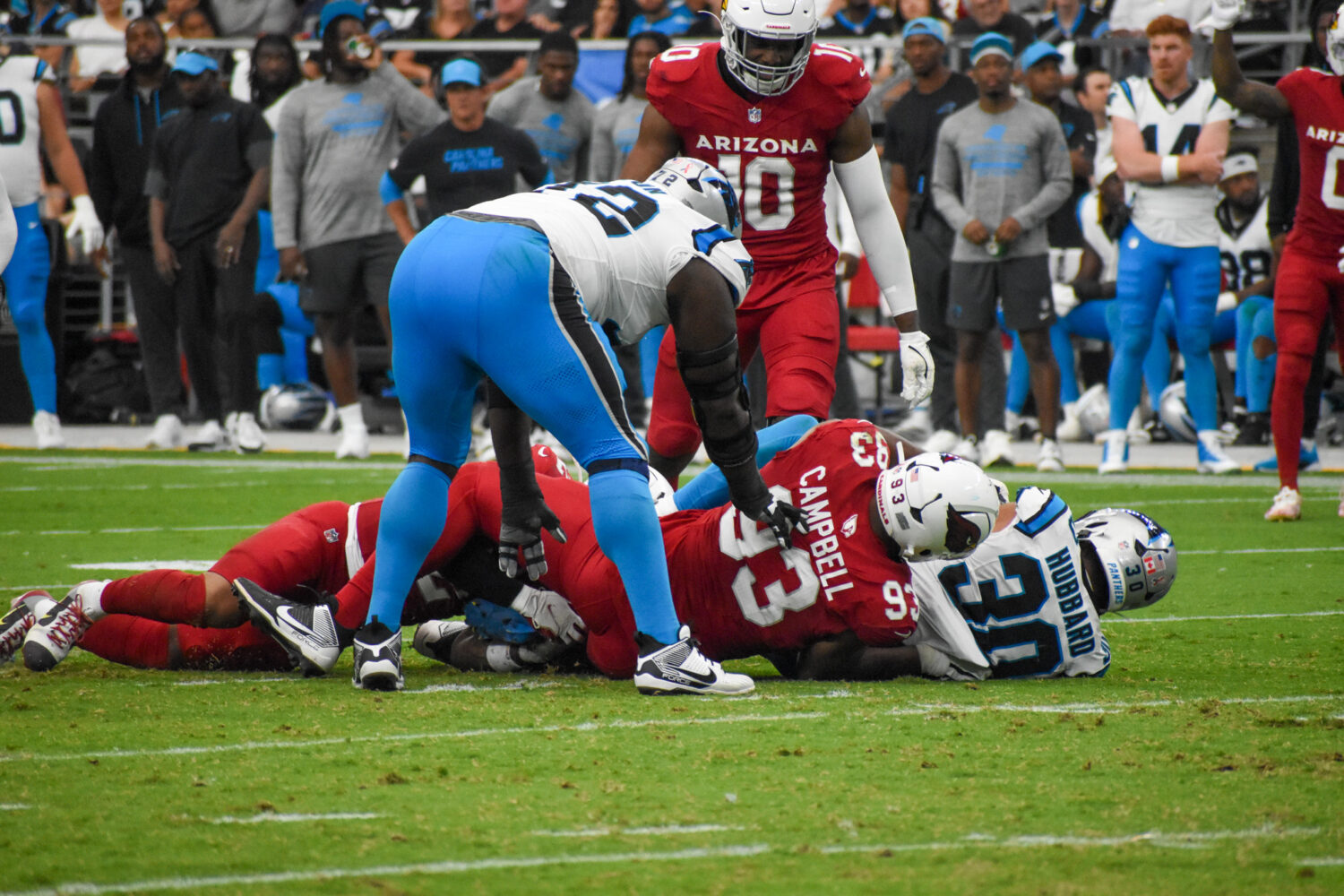 CARDINALS DL CALAIS CAMPBELL TAKES DOWN CAROLINAS HUBBARD...