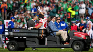 Cam Skattebo carted off the field after suffering gruesome right ankle injury