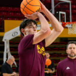 Arizona State forward Santiago Trouet gets shots up during a preseason practice on Oct. 30, 2025. (Damon Allred/Arizona Sports)