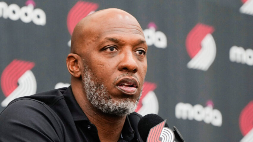 FILE - Portland Trail Blazers head coach Chauncey Billups speaks during an NBA basketball press con...