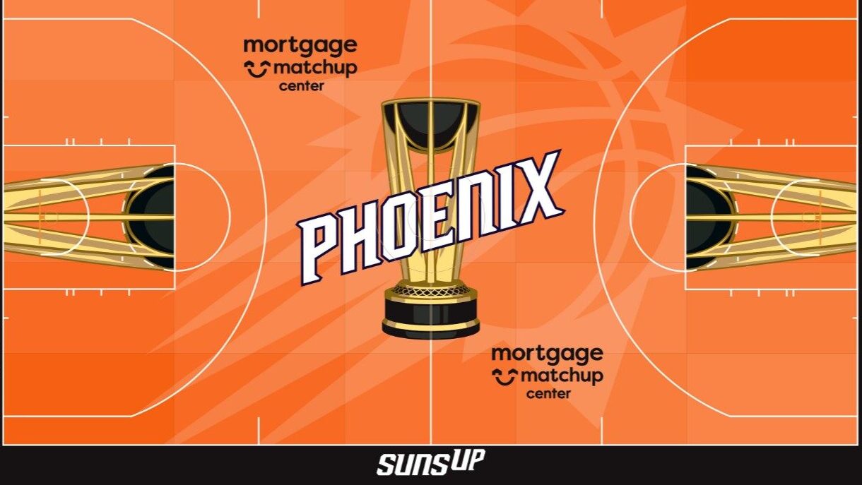 The Phoenix Suns' 2025 NBA Cup court for Mortgage Matchup Center....