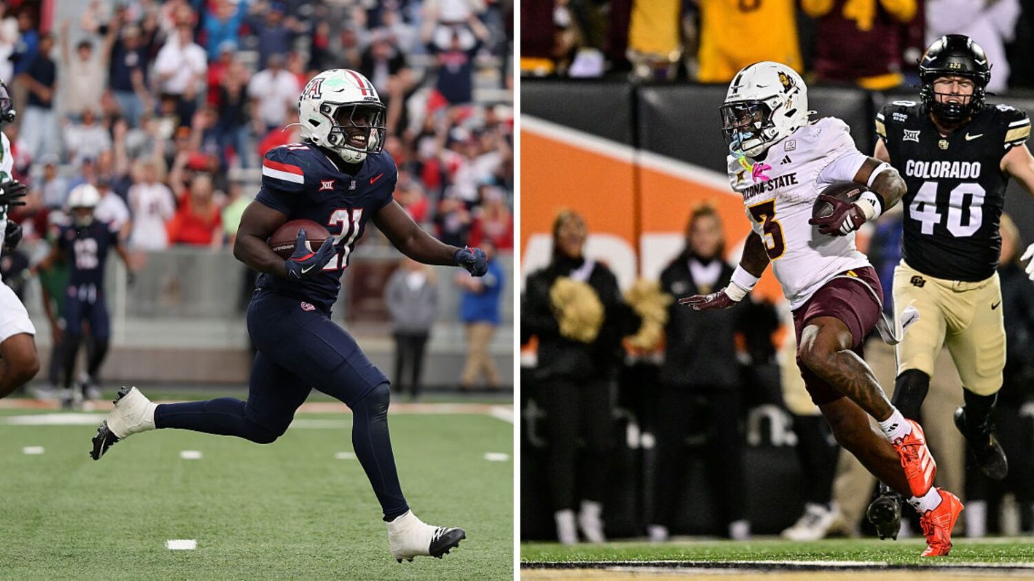 Ismail Mahdi #21 of the Arizona Wildcats rushes the football en route to scoring a 28-yard touchdow...
