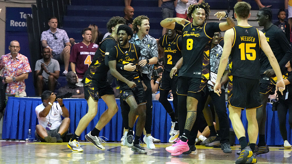 Maurice Odum #5 of the Arizona State Sun Devils celebrating a gaming winning shot in the second hal...