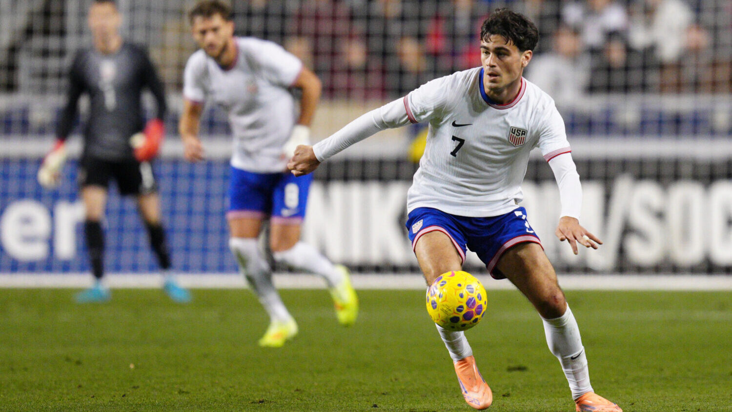 United States' Gio Reyna controls the ball during the second half of an international friendly socc...