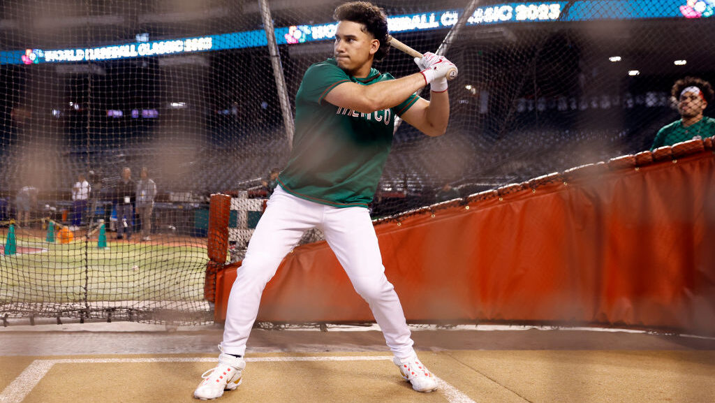 Alek Thomas #5 of Team Mexico works out before the start of the World Baseball Classic at Chase Fie...