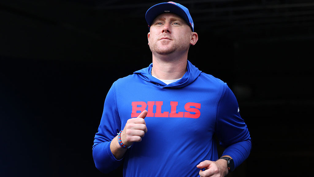 Offensive coordinator Joe Brady of the Buffalo Bills takes the field prior to the NFL Preseason 202...