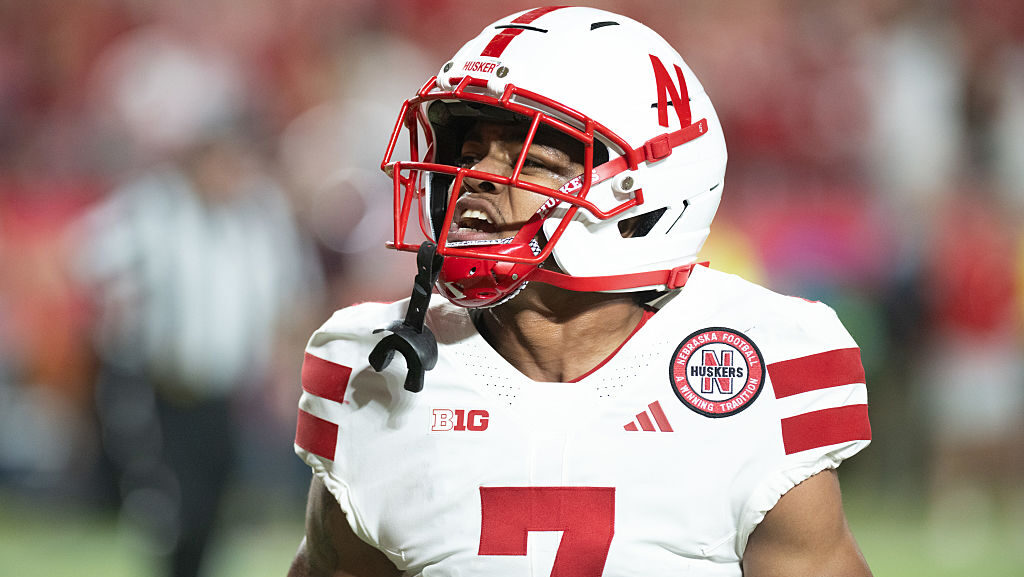 Malcolm Hartzog Jr. #7 of the Nebraska Cornhuskers reacts after a late game interception against th...