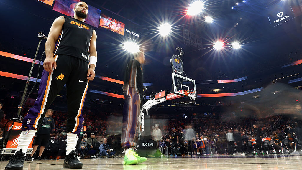 Dillon Brooks #3 of the Phoenix Suns stands on the court before the NBA game against the Washington...