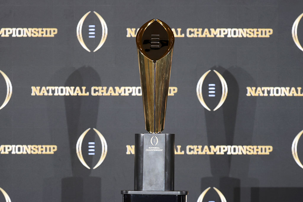 MIAMI, FLORIDA - JANUARY 18: The College Football Playoff National Championship Trophy on display p...