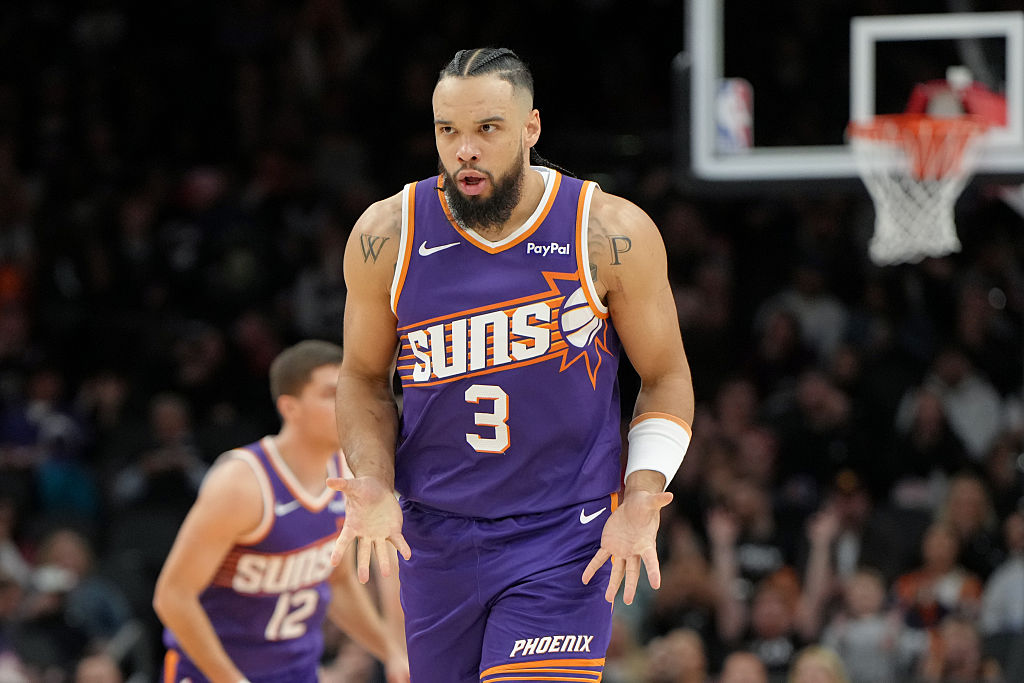 Dillon Brooks #3 of the Phoenix Suns reacts during the second half of the NBA game against the Clev...