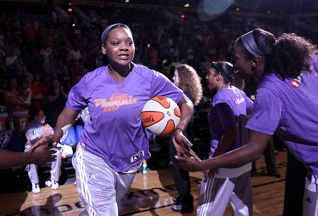 PHOENIX, AZ - JULY 26:  Kara Braxton #45 of the Phoenix Mercury is introduced before the WNBA game ...
