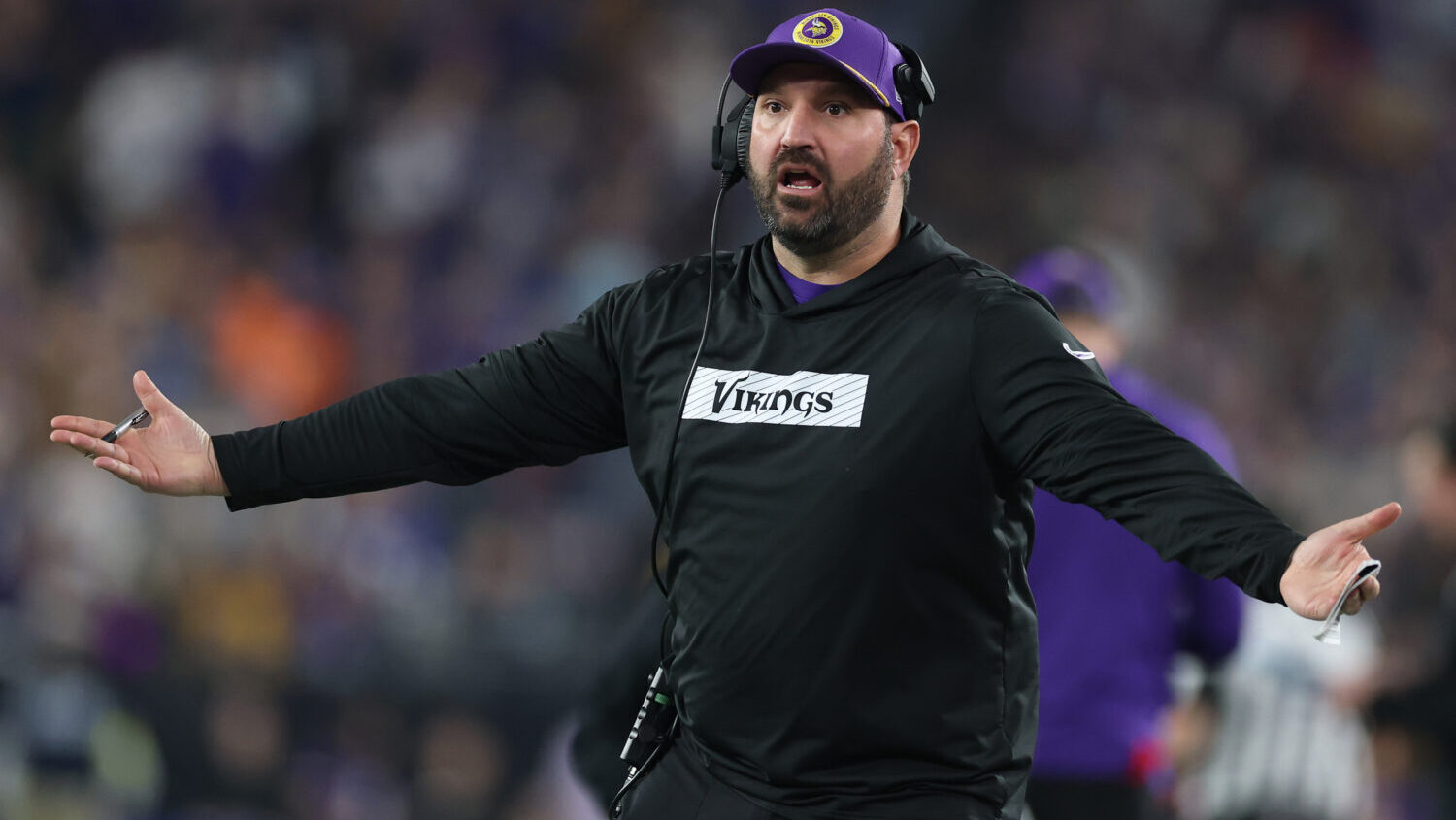 Assistant Wide Receivers coach Tony Sorrentino of the Minnesota Vikings reacts during the third qua...