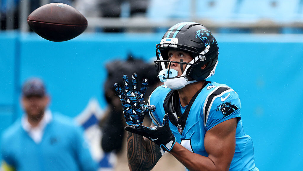 Tetairoa McMillan #4 of the Carolina Panthers...