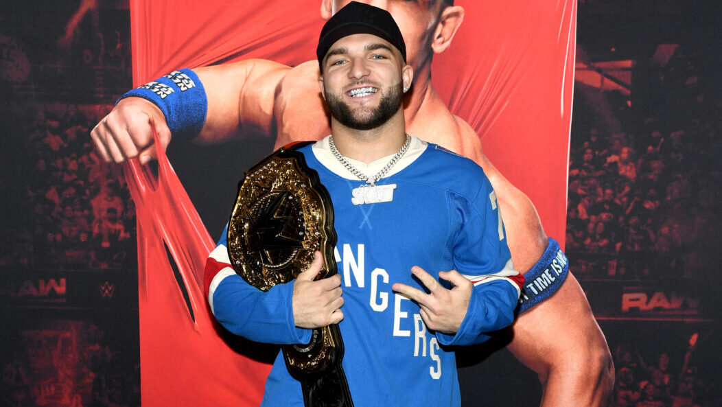 Cameron Skattebo attends WWE RAW LIVE ON NETFLIX at Madison Square Garden on November 17, 2025 in N...