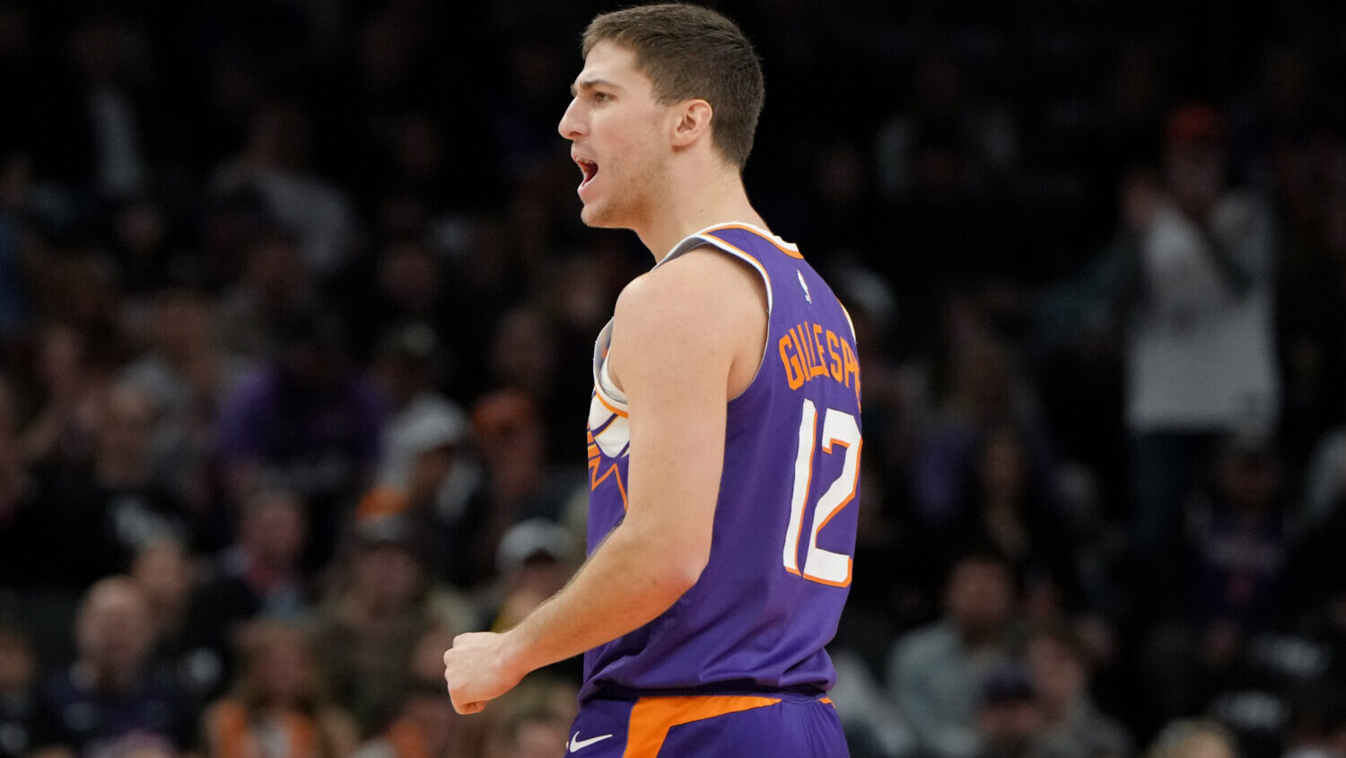 Collin Gillespie #12 of the Phoenix Suns reacts during the second half of the NBA game against the ...