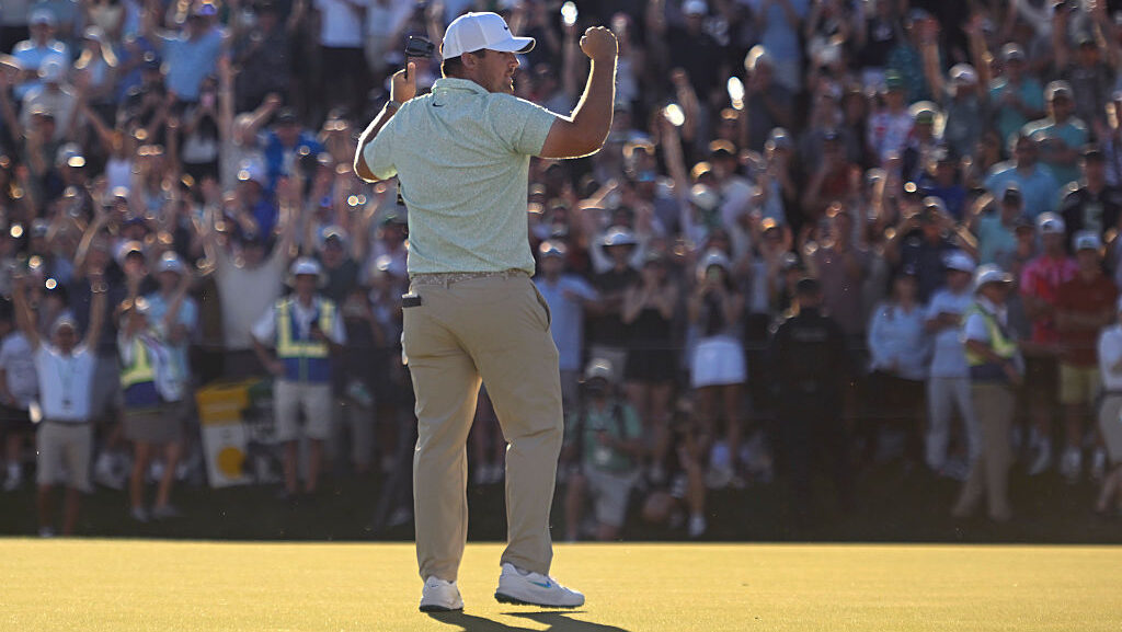 SCOTTSDALE, ARIZONA - FEBRUARY 08: Chris Gotterup of the United States celebrates on the 18th green...