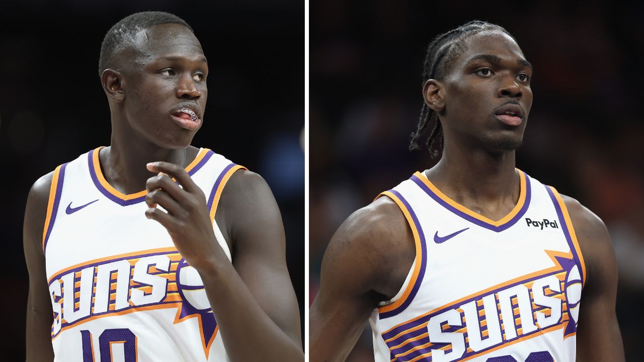 Phoenix Suns center Khaman Maluach (left) and wing Rasheer Fleming (right)....