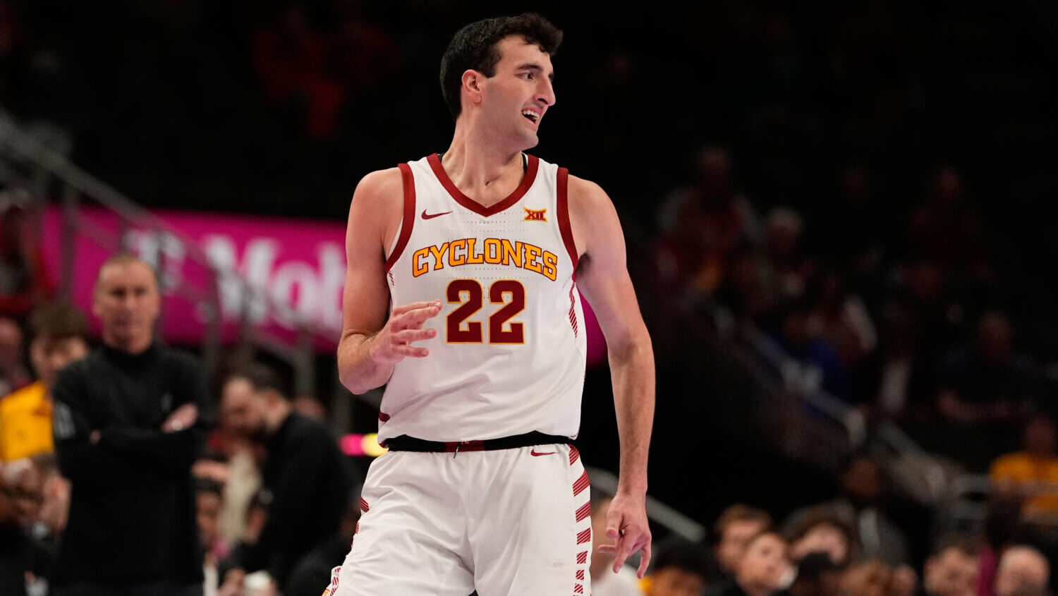 Iowa State's Milan Momcilovic celebrates after making a 3-point basket during the second half of an...