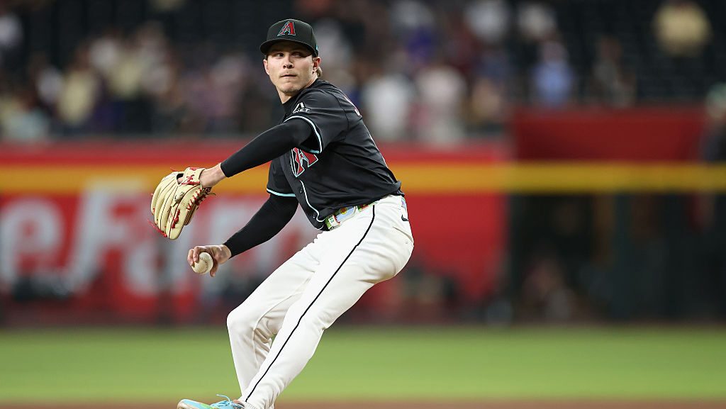 PHOENIX, ARIZONA - APRIL 23: Relief pitcher Drey Jameson #99 of the Arizona Diamondbacks pitches ag...