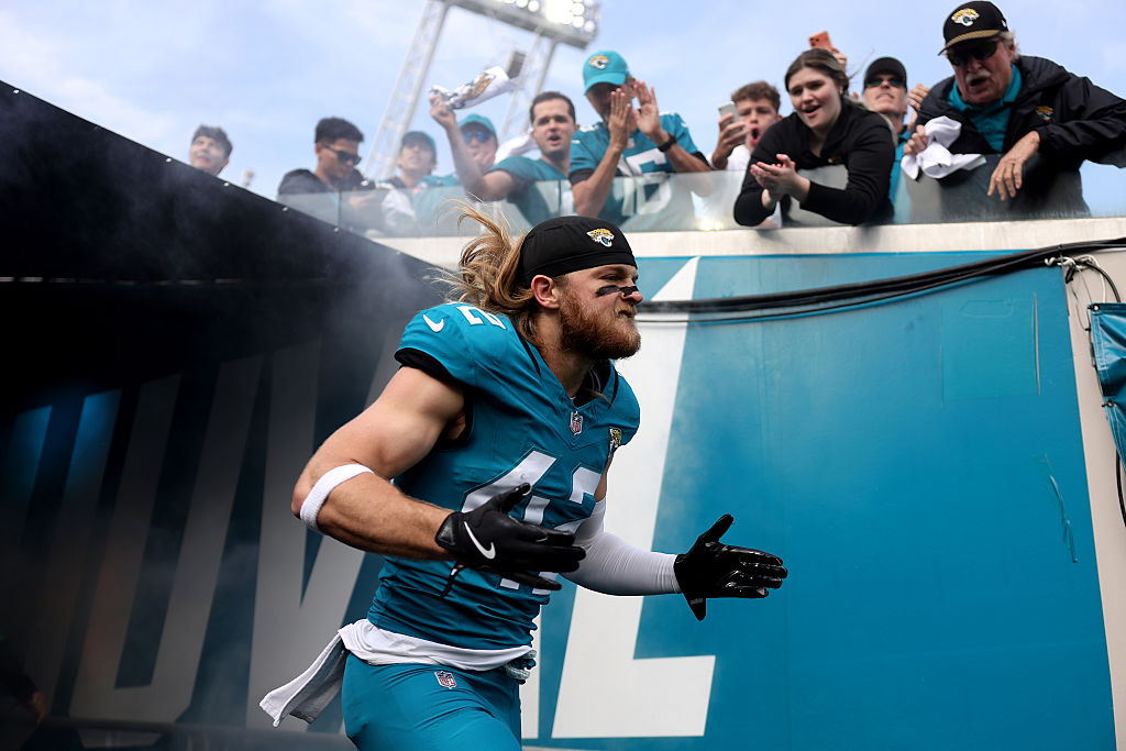 JACKSONVILLE, FLORIDA - JANUARY 11: Andrew Wingard #42 of the Jacksonville Jaguars runs out prior t...