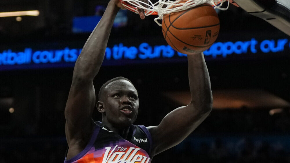 Phoenix Suns center Khaman Maluach (10) against the Portland Trail Blazers during the first half of...