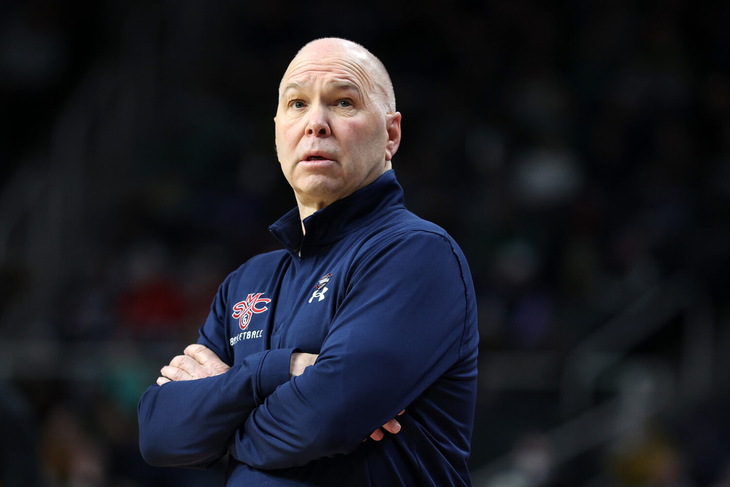 ALBANY, NEW YORK - MARCH 17: Head coach Randy Bennett of the St. Mary's Gaels  looks on in the firs...