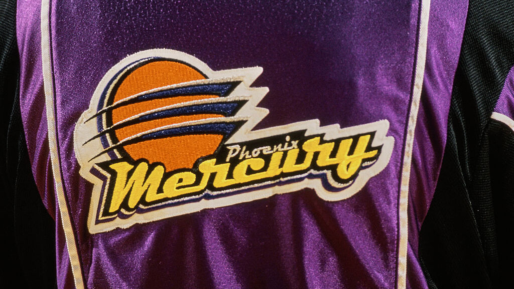 Detail view of the Phoenix Mercury logo design on a team warm up jacket during the WNBA Western Con...