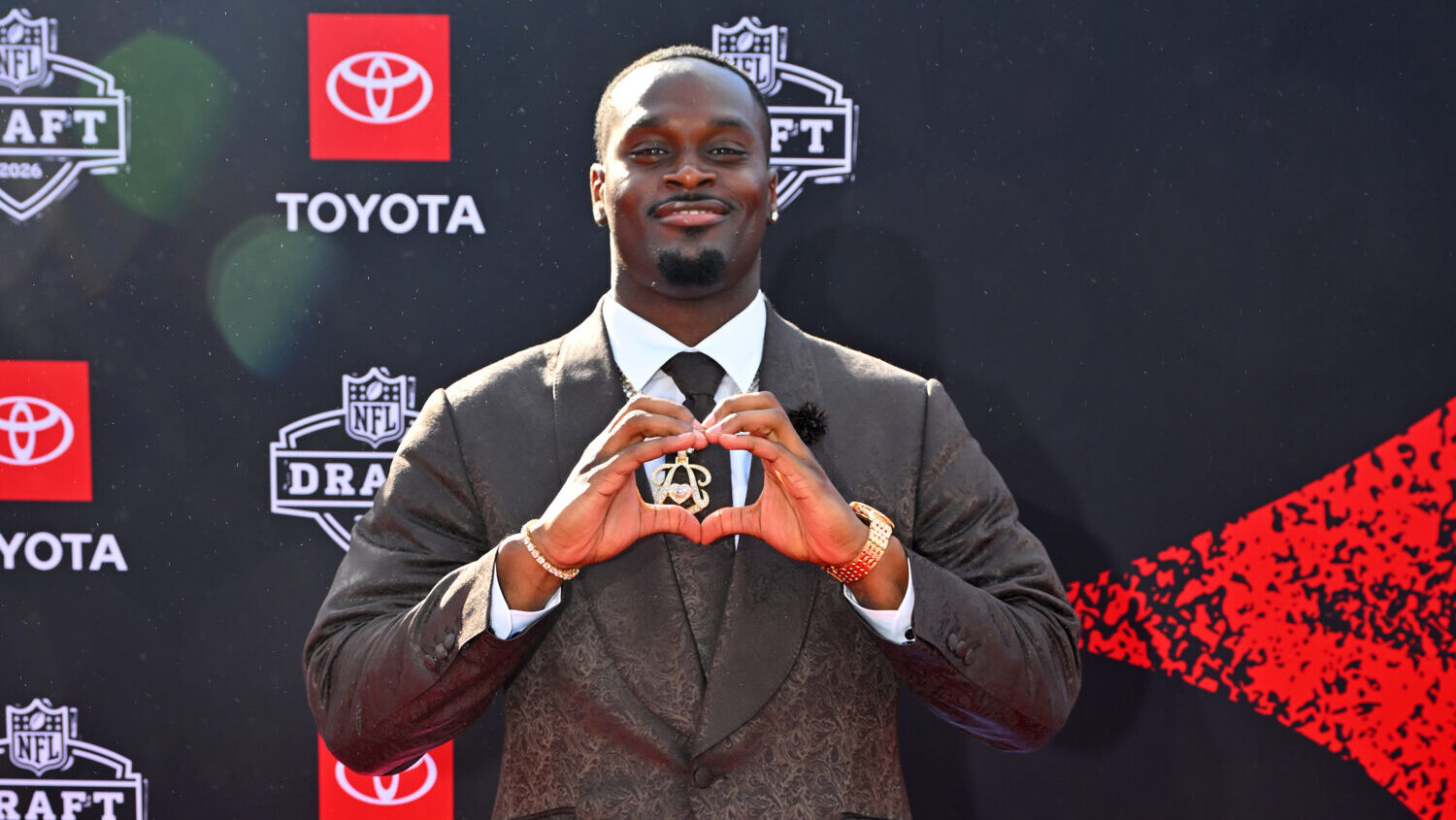 Jeremiyah Love of Notre Dame arrives prior to the 2026 NFL Draft on April 23, 2026 in Pittsburgh, P...