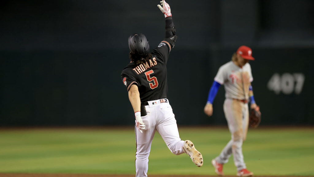 Alek Thomas #5 of the Arizona Diamondbacks...