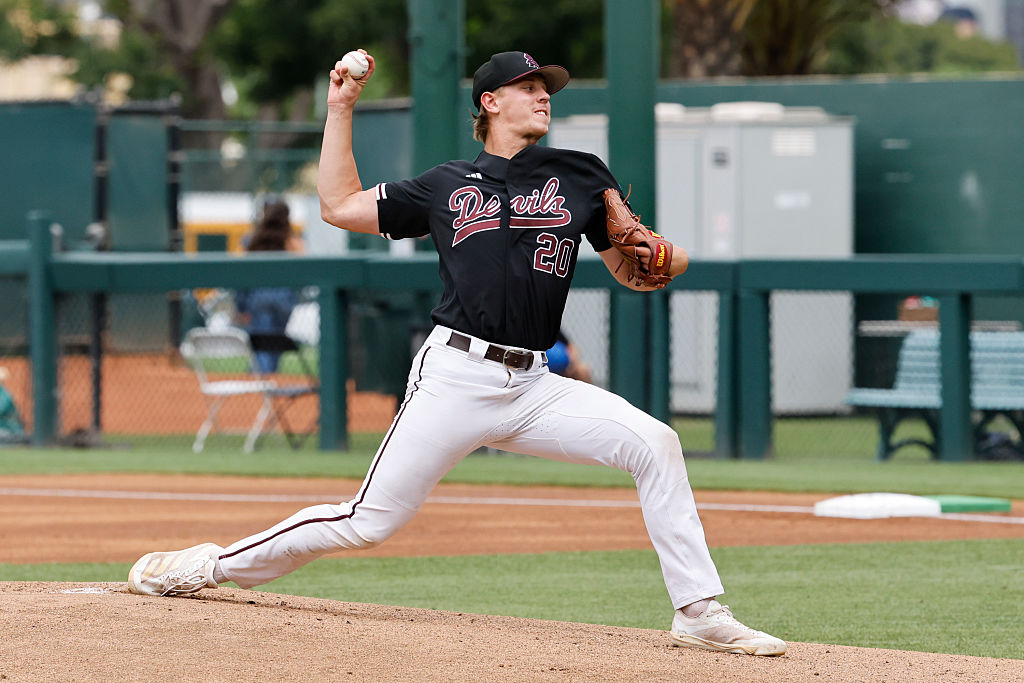 Los Angeles, CA - June 01: Arizona St. pitcher Derek Schaefer (20) opens the game at the NCAA baseb...