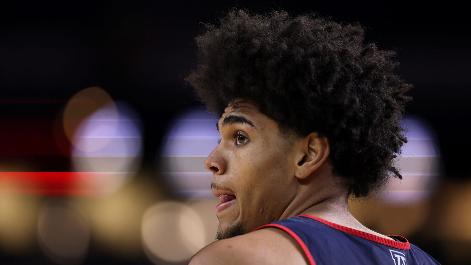 INDIANAPOLIS, INDIANA - APRIL 03: Koa Peat #10 of the Arizona Wildcats looks on during the Practice...
