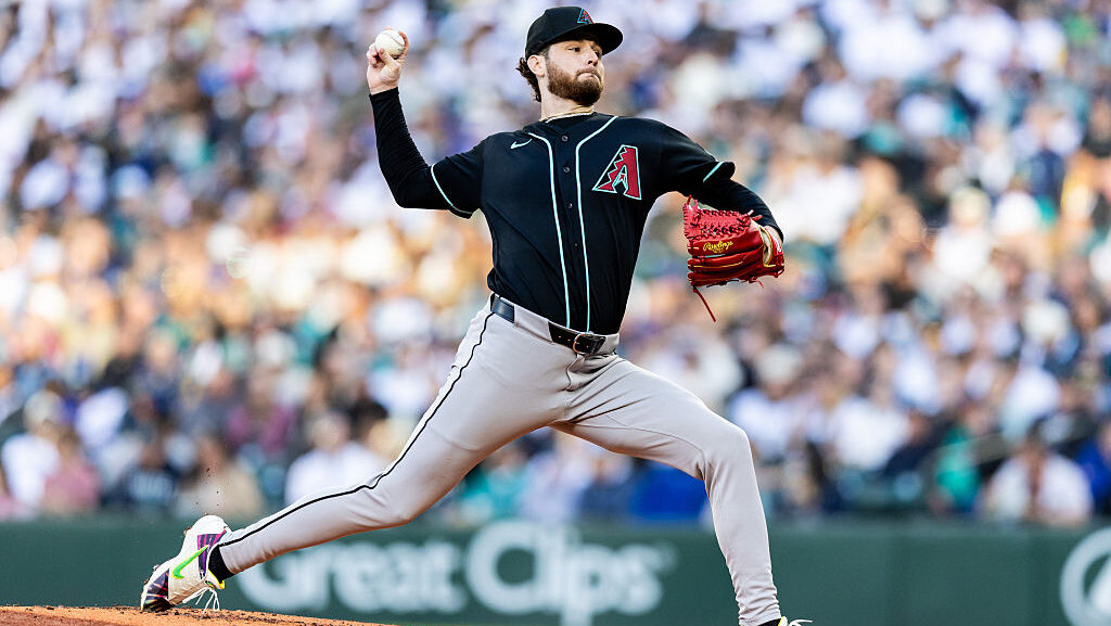 Ryne Nelson #19 of the Arizona Diamondbacks pitches during the first inning against the Seattle Mar...