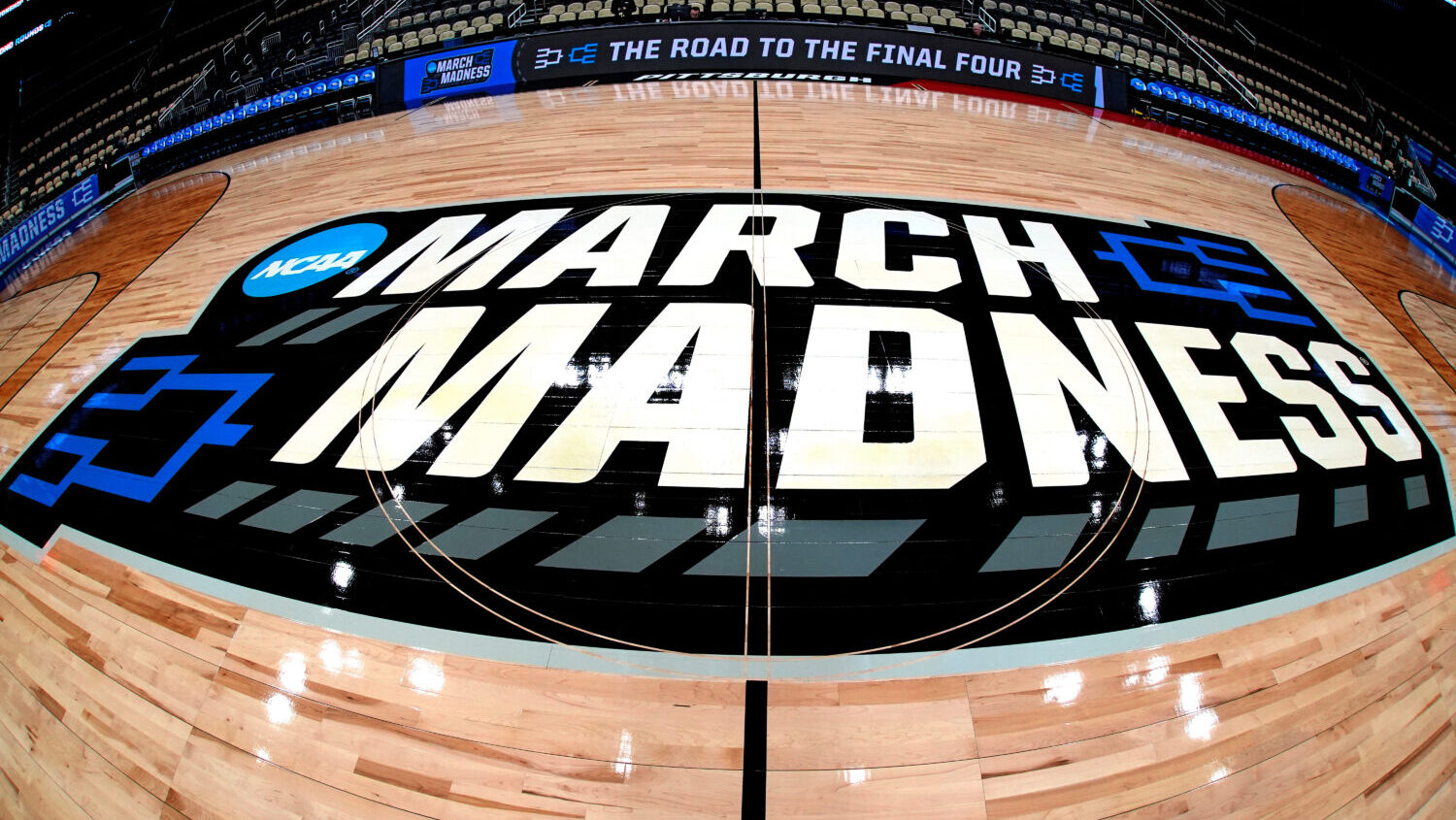 March Madness logo sis displayed at center court during the opening rounds of the NCAA college bask...