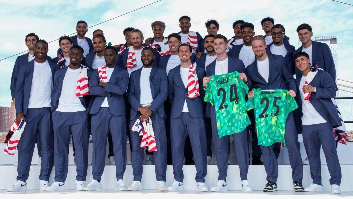 United States men's national soccer team pose after announcement of the team's FIFA World Cup roste...