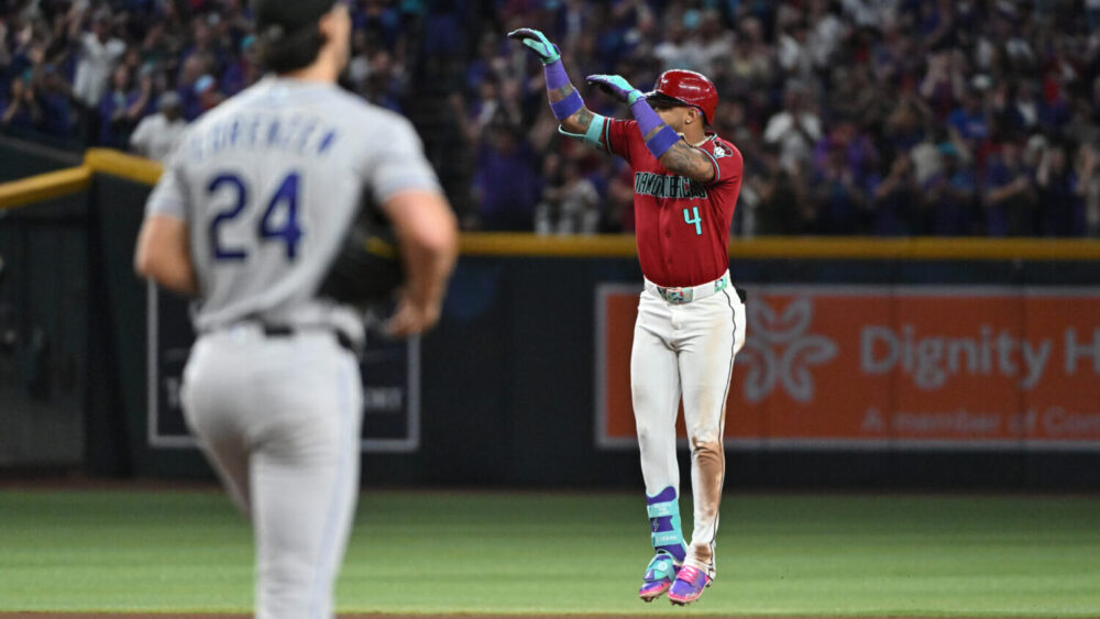Ketel Marte #4 of the Arizona Diamondbacks celebrates after hitting a two run home run against the ...