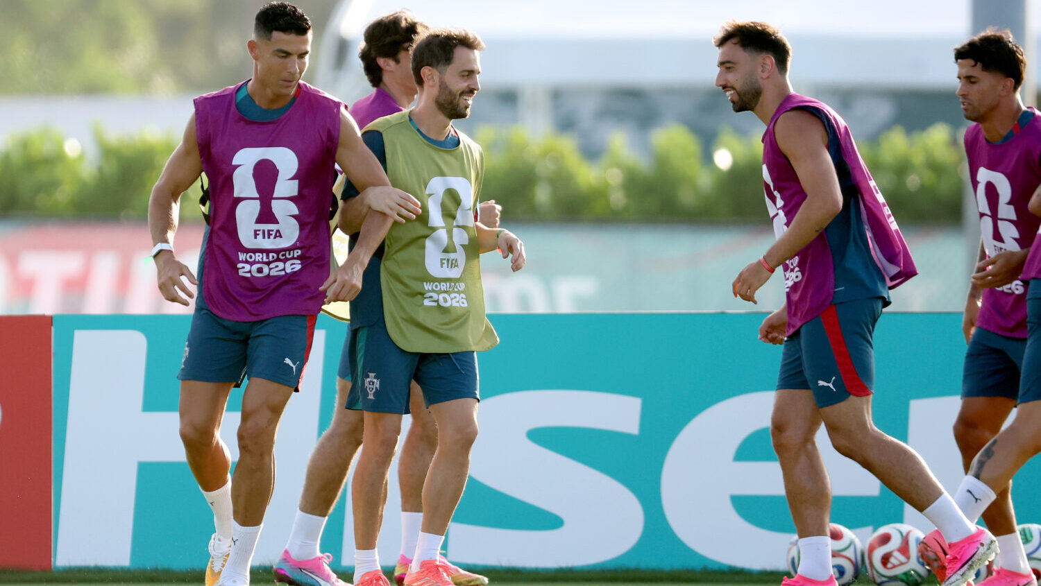 PALM BEACH GARDENS, FLORIDA - JUNE 26: Cristiano Ronaldo #7, Vitinha #23 and Bruno Fernandes #8 and...