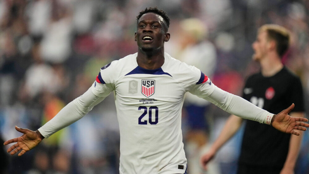 United States' Folarin Balogun celebrates after scoring against Canada during the first half of a C...