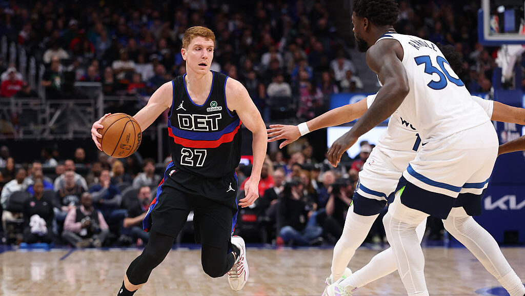 Kevin Huerter #27 of the Detroit Pistons plays against the Detroit Pistons at Little Caesars Arena ...