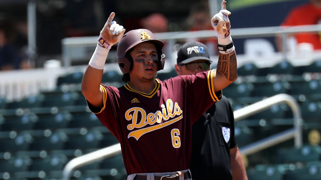 SCOTTSDALE, AZ - MAY 25: Arizona St. infielder Nu'u Contrades (6) celebrates a single during a Pac-...