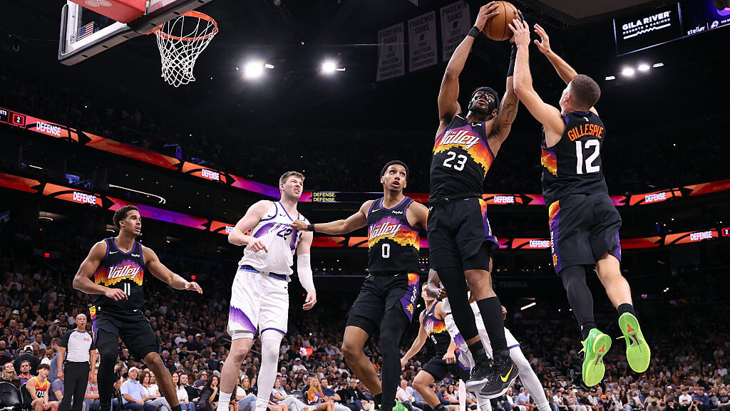 Jordan Goodwin #23 and Collin Gillespie #12 of the Phoenix Suns...