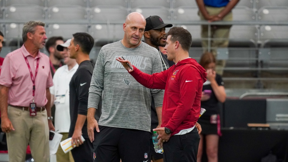 Arizona Cardinals GM Monti Ossenfort with head coach Mike LaFleur at Aug. 9, 2026 Red & White Pract...