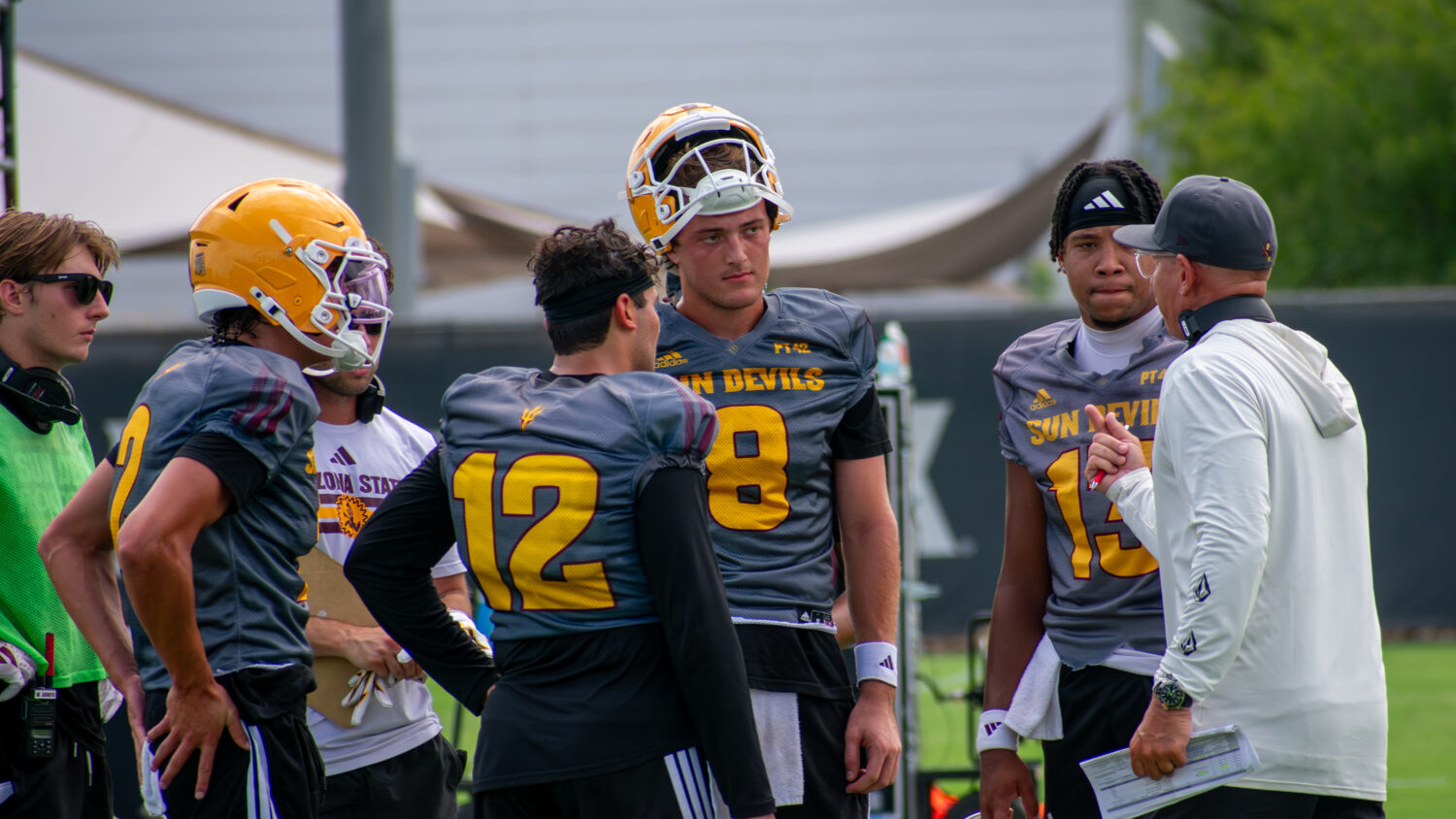 ASU quarterbacks (left to right) Jake Fette, Mikey Keene, Cutter Boley and Cam Dyer with offensive ...
