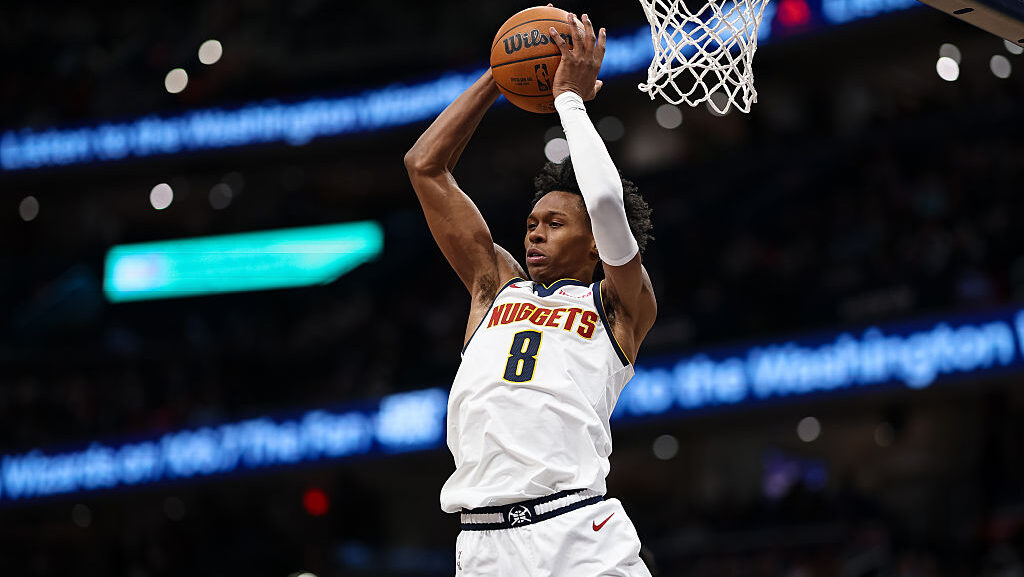Peyton Watson #8 of the Denver Nuggets...
