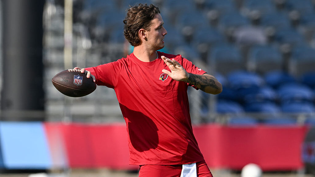 CANTON, OHIO - AUGUST 06: Carson Beck #19 of the Arizona Cardinals warms up prior to the 2026 Pro F...